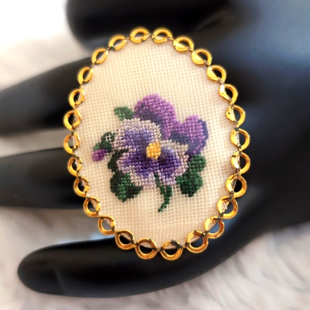 Vintage Purple Pansey Petit Point Brooch with Gold Toned Edging Plastic Overlay